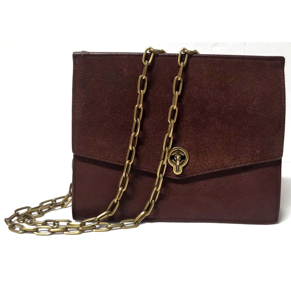 Fossil Stevie Purse Gold Chain Crossbody Henna Suede/Leather Twist Lock Sleek